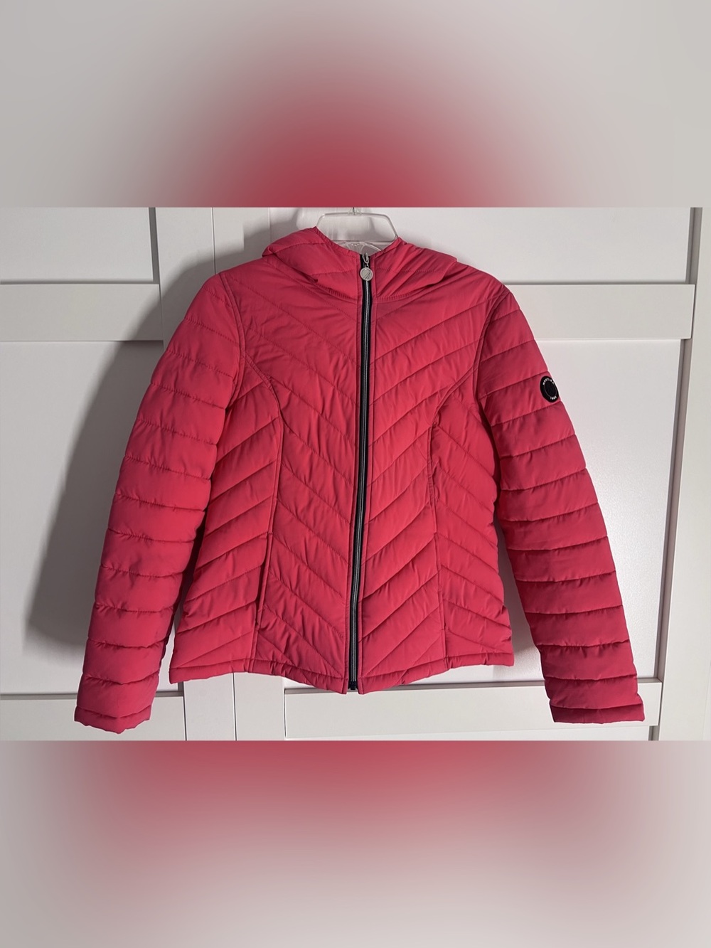 Nautica Chevron Quilted Hooded Puffer Jacket Pink
